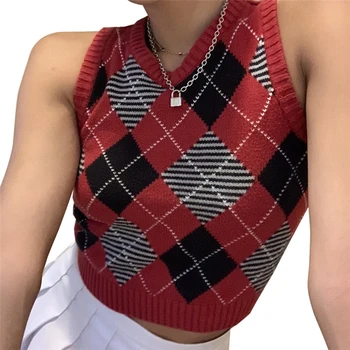 

New Vintage Sweater Vest Women Y2K Tops Argyle Sweater Sleeveless Plaid Knitted Crops Tops Sweaters Autumn Sweaters for Women