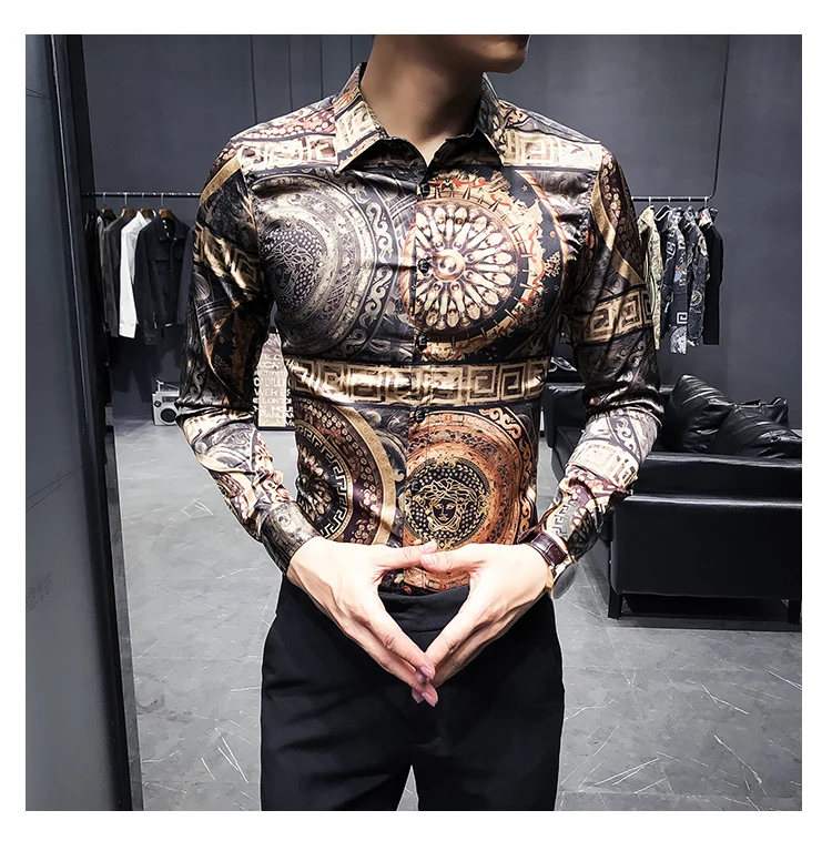 Роскошная рубашка, мужские рубашки в стиле барокко, модная рубашка Camisa social club, для ночного клуба Slim Fit masculina