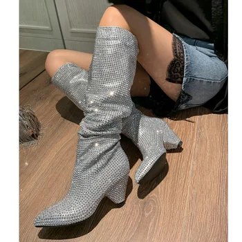 

new hot sale women boots brand high quality high heels pointed toe shoes woman knee high boots autumn winter shoes black silver