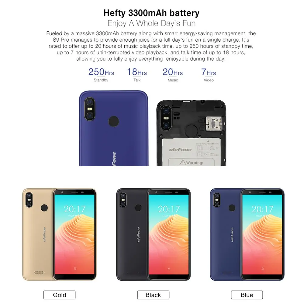  Ulefone S9 Pro 5.5 inch HD+ Android 8.1 MTK6739 Quad Core 2GB RAM 16GB ROM 13MP+5MP Dual Rear Camer