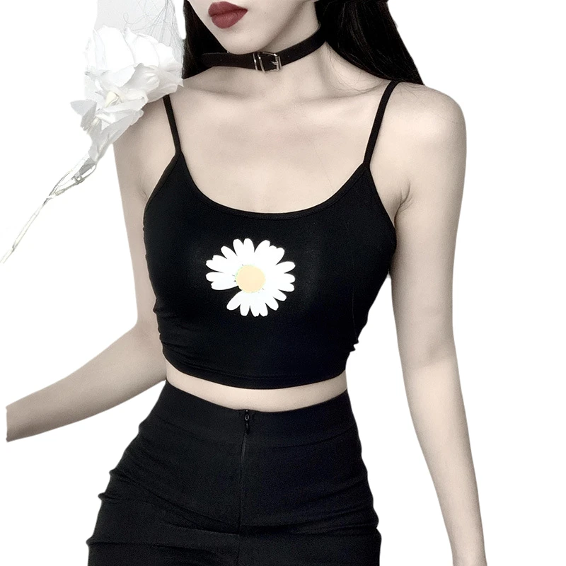 Stars same model with open navel suspender sleeveless shirt cotton girl casual little daisy print summer sexy trendy short