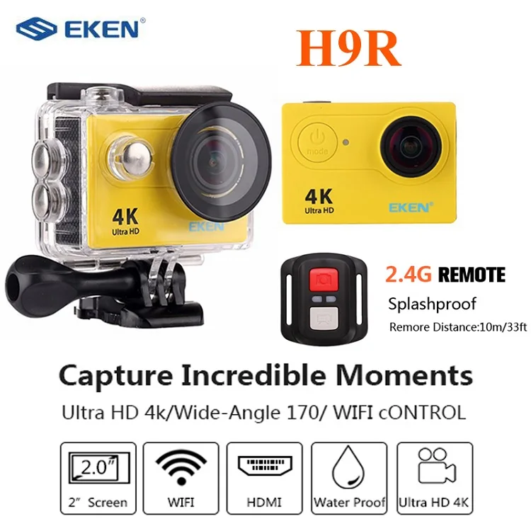 Eken H9R/H9 Экшн-камера Ultra 4K 25fps WiFi 2," 170D Водонепроницаемый подводный шлем спортивный набор камер с пультом дистанционного управления - Цвет: H9R Yellow