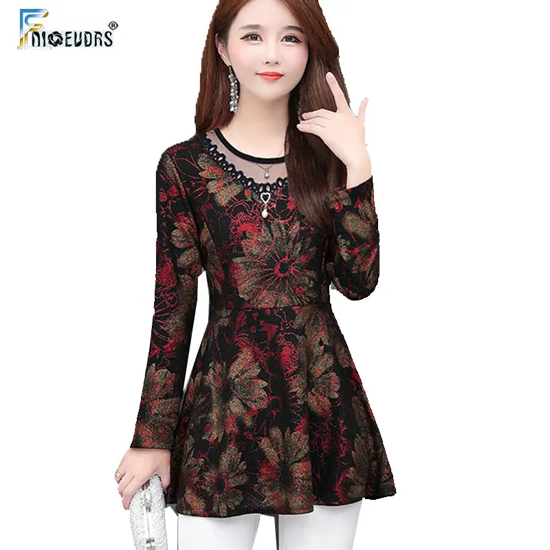 

Fall Winter Basic Shirts Blouses Women Elegant Lady Patchwork Lace Mesh Transparent Design Floral Vintage Peplum Tunic Tops S017