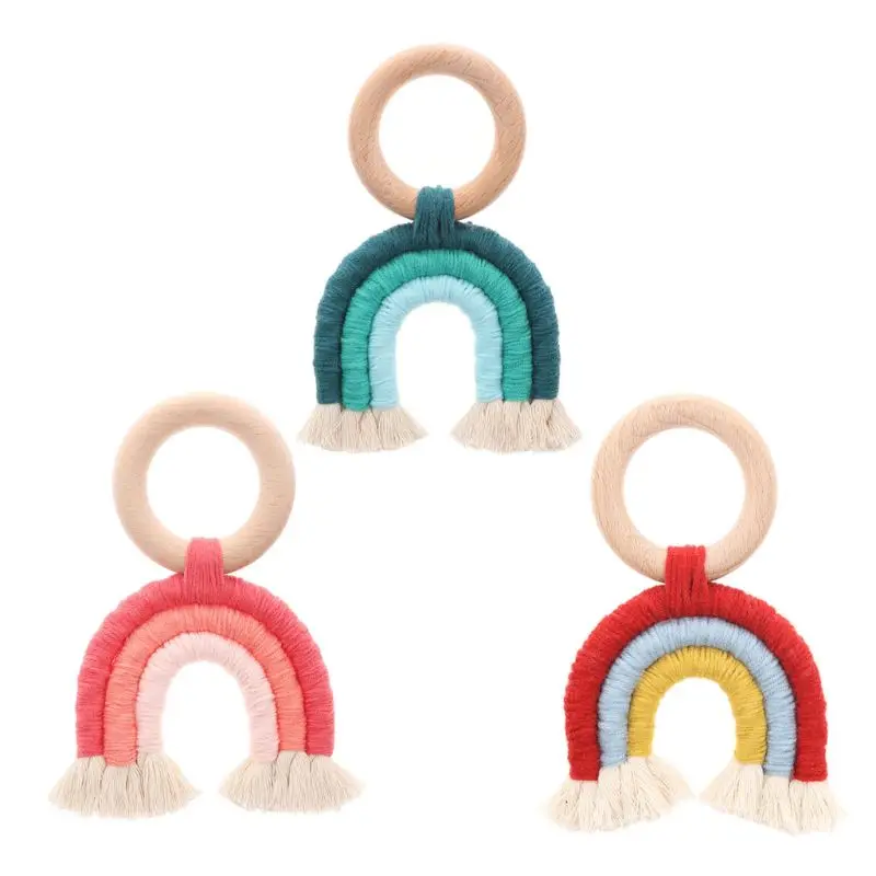 

Baby Boy Teether Rainbow Tassel Macrame Wooden Boho Baby Teether Cotton Cord Wood Teething Toy Shower Gift