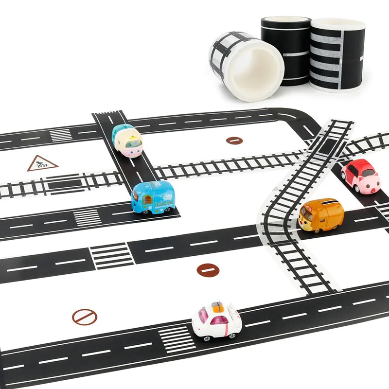 PlayTape Black Road-Black Road Tape  Includes Street Curves  Tape Toy Car Track for Kids Sticker Roll for Cars and Train Sets