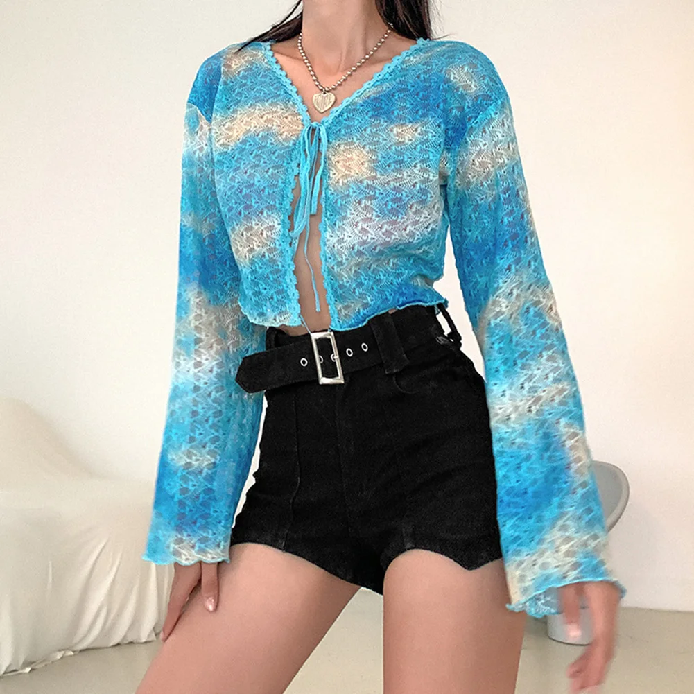 

E-girl Sweet Bandage Front Hollow Out Printing Knitted Cardigans Y2K Fashion V-neck with Lace Long Sleeve Blue Crop Tops