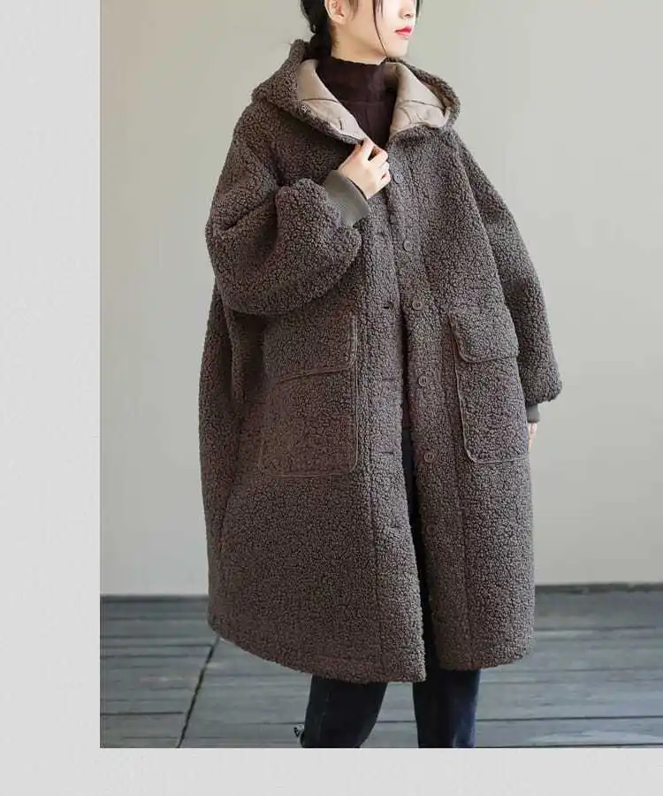 Women Casual Keep Warm Woolen Coat Loose Hood Fashion Warm Mid-length Thickened Long-sleeved Solid Jacket Winter Clothing New down coats