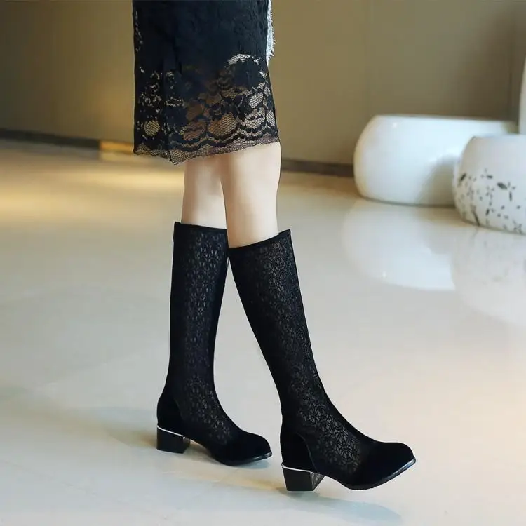

Knee High Boots Nubuck Heels Riding Equestrian Women Summer Zip Black Round Toe Long Square Heel Ladies Solid Fashion Size 10 42