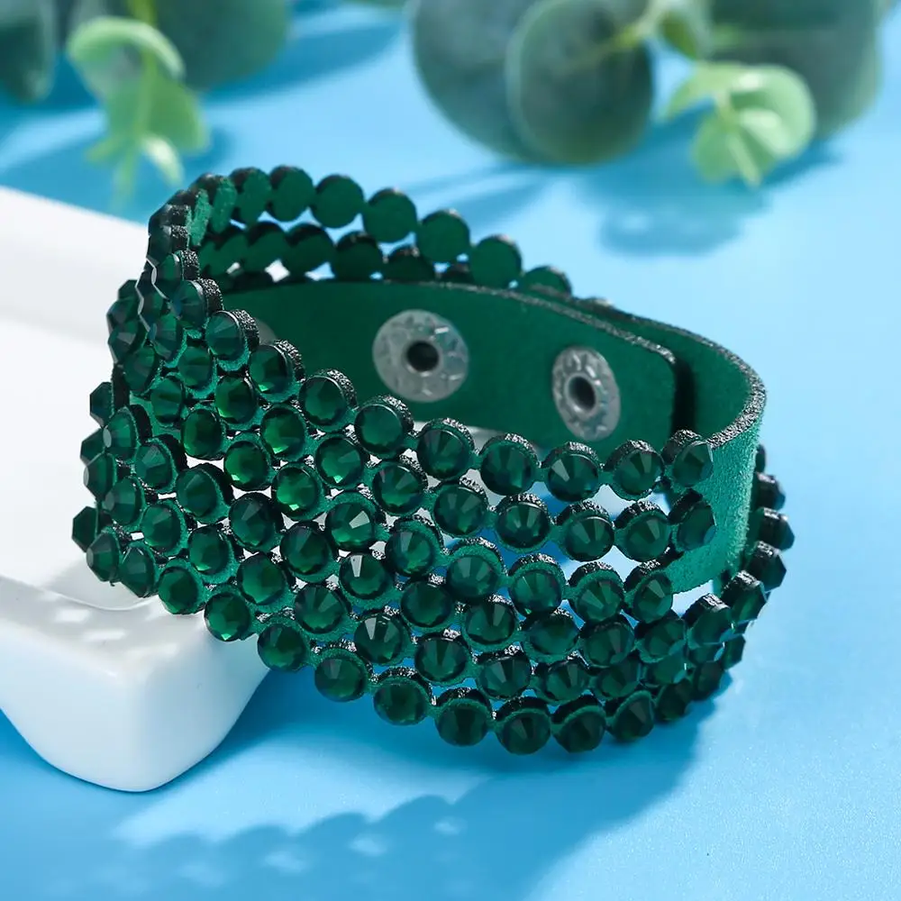 Green BraceletS HOCOLE, очаровательный кожаный браслет со стразами, браслет с кристаллами, многослойные браслеты для женщин, pulseras mujer moda, ювелирные изделия - Окраска металла: Green BraceletS