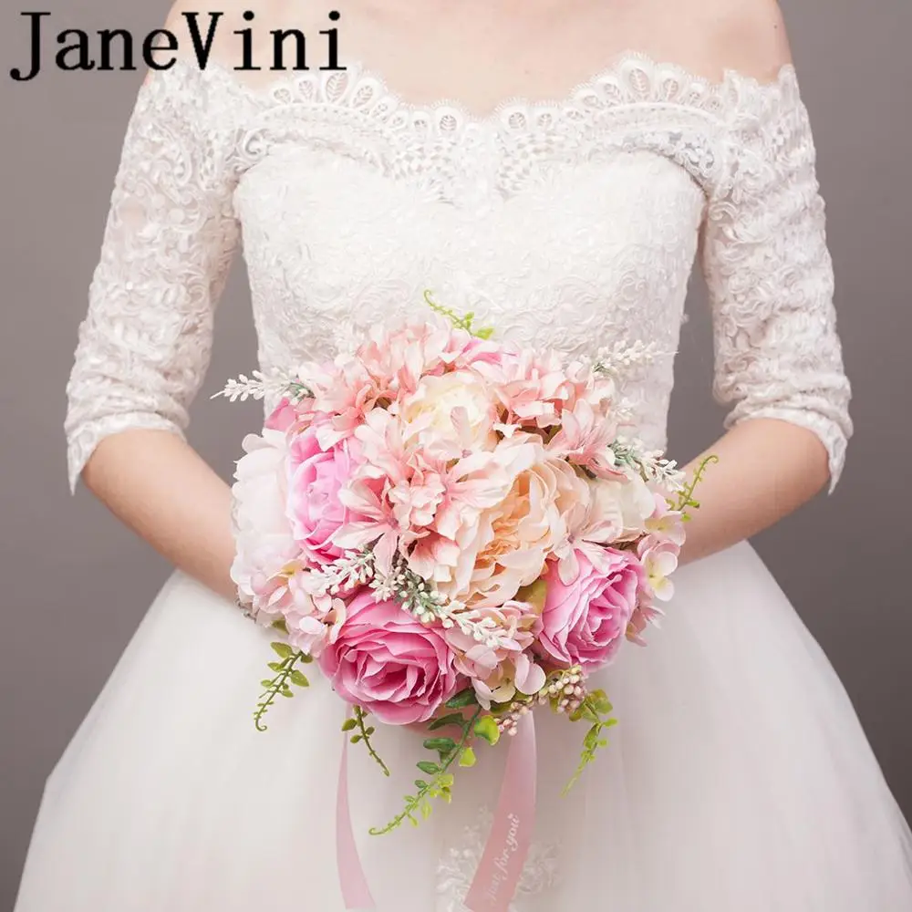 JaneVini искусственные цветы для невесты букеты Розовые Цветы Роза пион Свадебный Цветочный шар Свадебный букет невесты Рамо boda