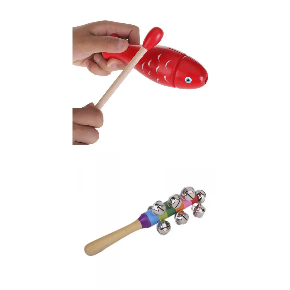 10-Bell Jingle Shaker Rainbow Color Stick Red Wooden Block Fish Kids Musical Toy
