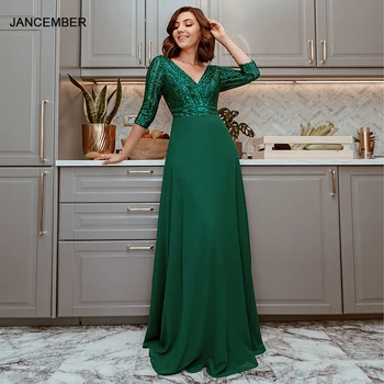 

JANCEMBER EP00751 Plus Size Sequined Evening Dress 2020 3/4 Sleeve A-Line Double V-Neck Elegant Sparkle Party Gowns فساتين سهرة