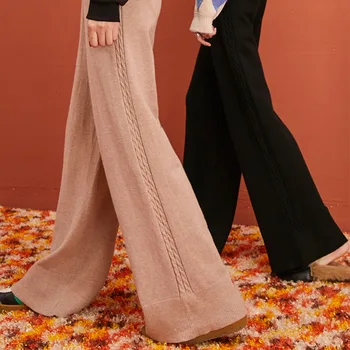 

SAM'S TREE Multicolor Wide Leg Korean Knitted Women Pants 2019 Winter Pure Drawstring Elastic Waist Loose Casual Female Trouser