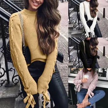 

Fashion Sweater Women Winter 2019 Women Knitted Long Sleeve with Bandage Sweater Loose Sweater O-Neck Outwear Tops Streetwear