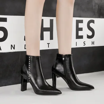 

Sexy pointed high-heeled ankle boots nightclub was thin and thick with Martin boots side zipper and bare boots women's boots