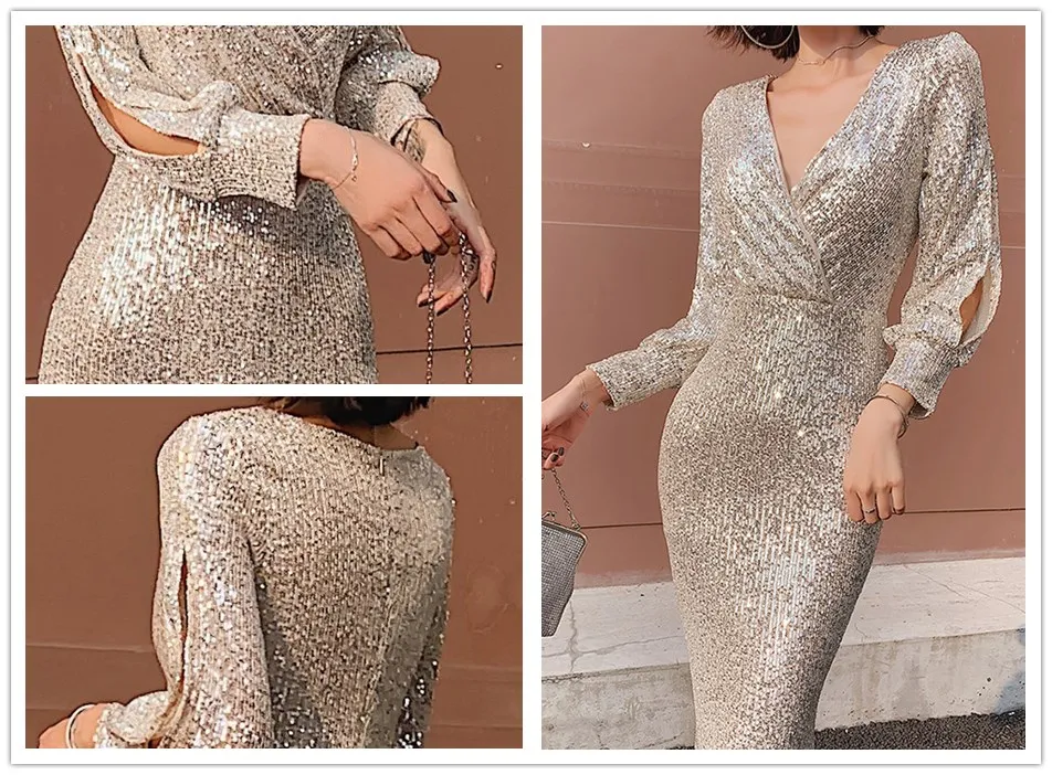 Вечерние платья цвета шампанского Robe De Soiree K063 Длинные рукава Глубокий v-образный вырез Формальные платья Русалка Длинные элегантные тонкие платья для выпускного вечера