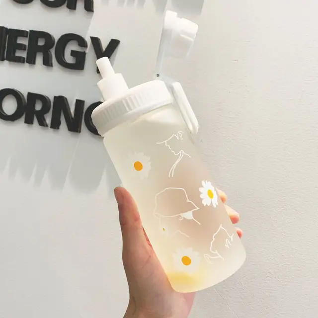 500ml Kawaii Small Daisies Milk Water Bottle With Straw Portable Leakproof Frosted Glass Fashion Cute Drinking Coffee Cup Without rope