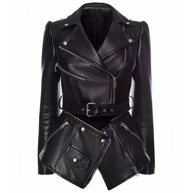 

Rock Motorcycle Biker Genuine Leather Jacket Women Zipper Real Sheepskin Slim Fit Black Jacket Coat Female 2019 Winter Autumn
