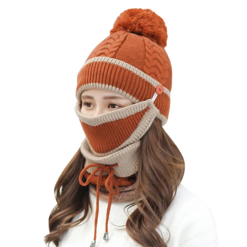 Pom Beanie шарф маска набор флисовая подкладка зимние вязаные шапки для женщин