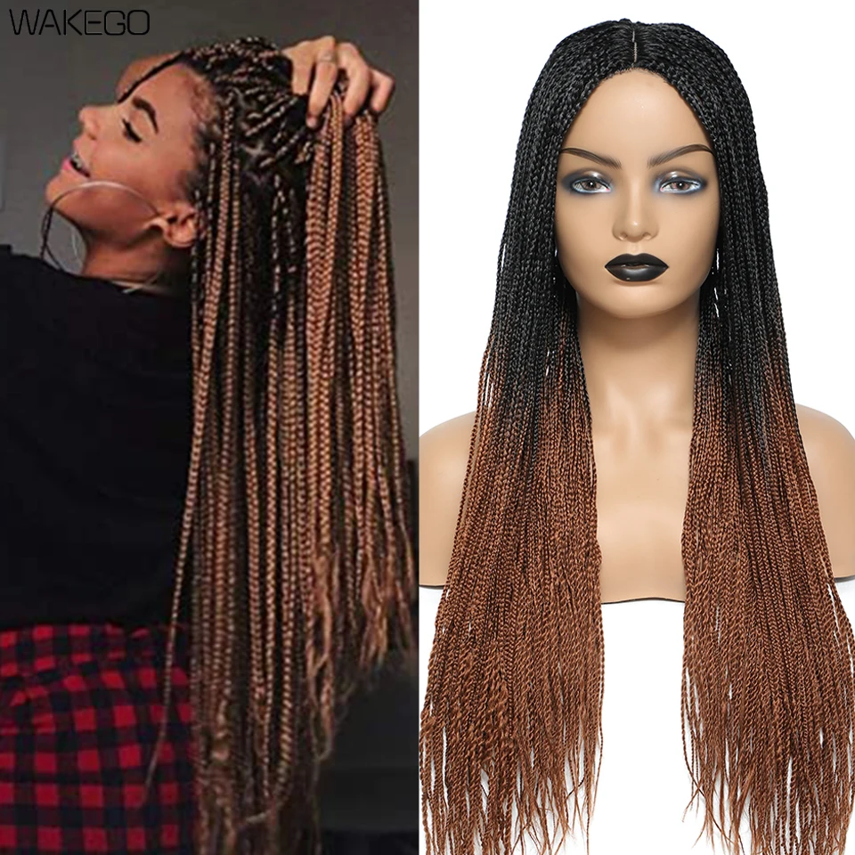 26 Inch Ombre Box Braided Wigs For Black Women Braided Wig Fake Scalp Heat Resistant Braiding Hair Wig Peruca Sintetica