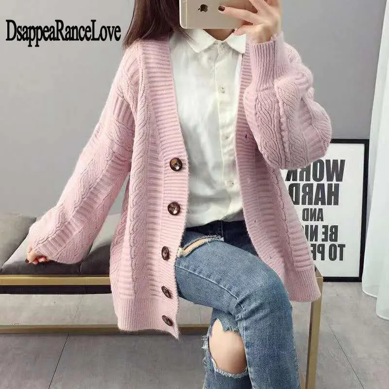 Модные Базовые Женские трикотажные кардиганы Tide однотонный просторный Повседневный длинный рукав элегантный свитер пуговицы пальто Женская куртка - Цвет: Розовый
