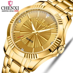 CHENXI Reloj de pulsera clásico para hombre y mujer, cronógrafo de lujo, de acero inoxidable y oro, con diamantes de imitación delicados, a la moda, 050A