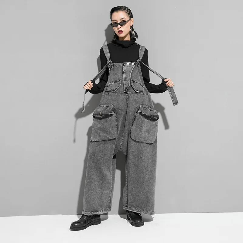 Корейский стиль для женщин новая зимняя мода серый ретро комбинезон дамские Подтяжки Брюки Свободные Комбинезоны уличная одежда J217
