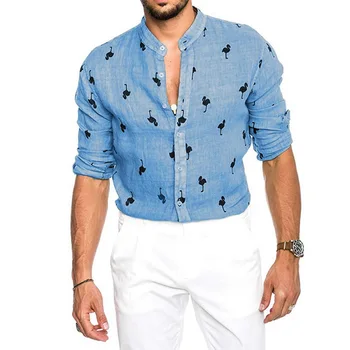 

Men's Caual Hawaiian Shirts Flamingo Pattern Print Long Sleeve stand Collar Men Shirt Tops M-3XL Loose Men's Breathable Shirt
