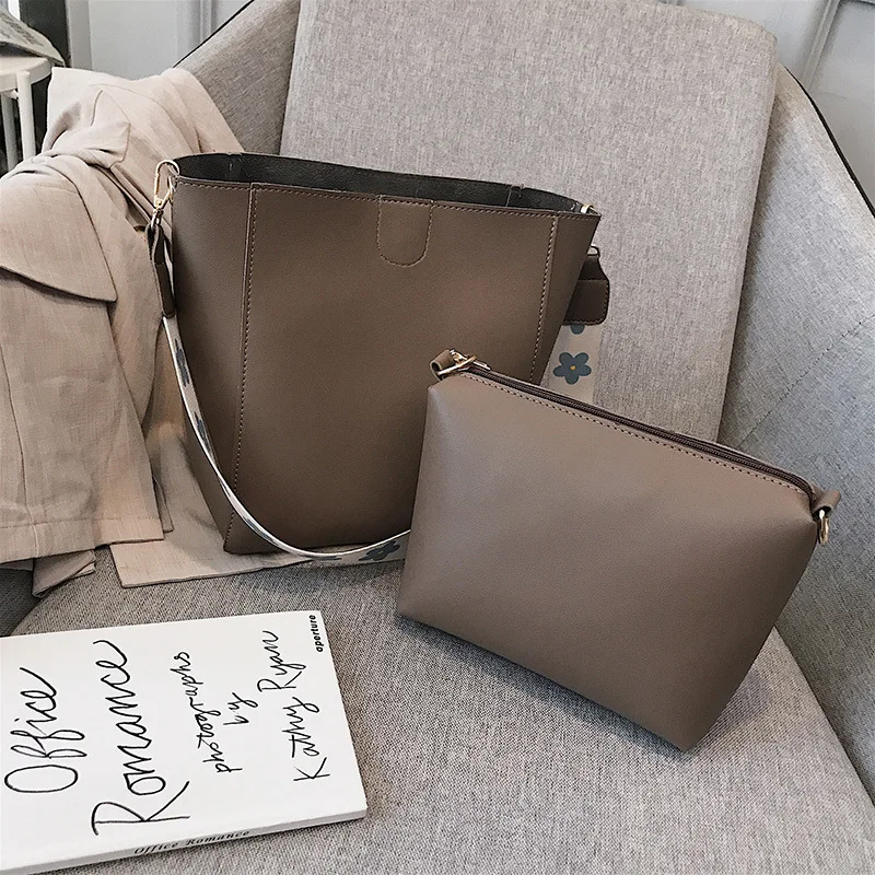 

19 Autumn And Winter New Style Large-Volume Shoulder Bucket Bag Korean-style Fashion PU Leather Solid Color Oblique WOMEN'S Bag