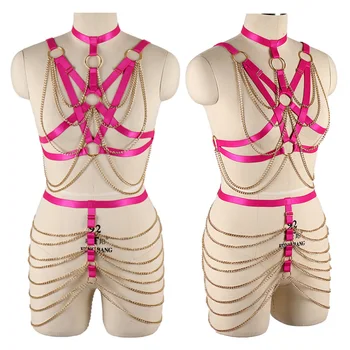 

Red Body Harness Metal Chain Belt Crop Tops Cage Harness Bra Sexy Lingerie Set Elastic Adjust Strappy Bra Dance Rave for Women