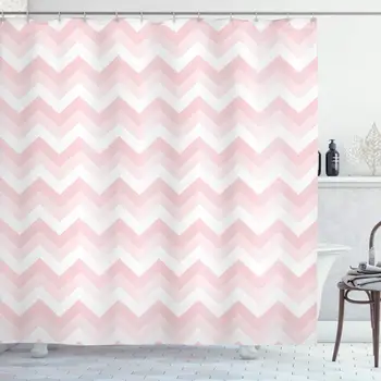 

Chevron Shower Curtain, Zigzag Chevron Grunge Pattern in Soft Colors Simplicity Design, Cloth Fabric Bathroom Decor Set with