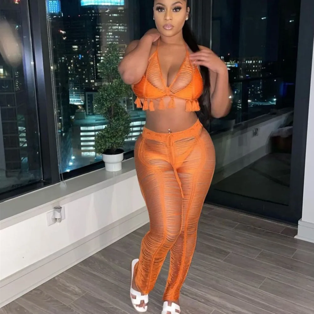 Sexy Crocheted KnittedTwo Pieces Set Halter Summer Outfits Crop Tops + Pants Women Backless Hollow Out Waist Sets 2 Piece |