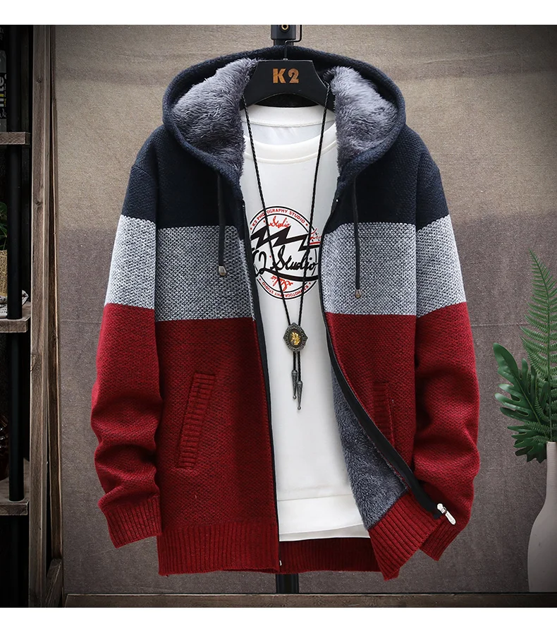 Men's hooded jumper casual sweater coat fleece artificial fur wool sweater autumn/winter warm loose cardigan jacket v neck sweater men