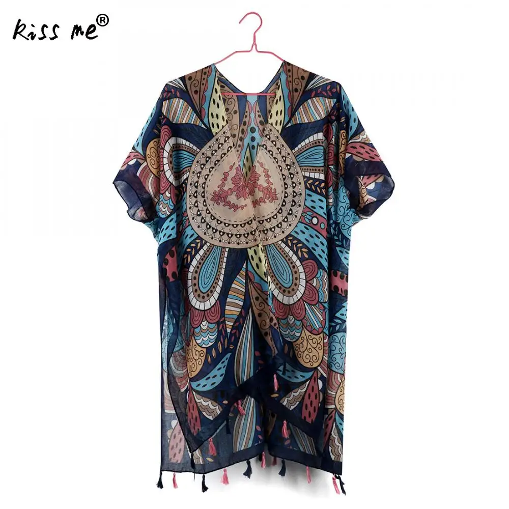

Free Size Women Bohemian Beach Swimsuit Cover Ups Beach Wear Dress Sarong Tunic Mid-Long Cardigan Wrap Floral Printed Beach Suit