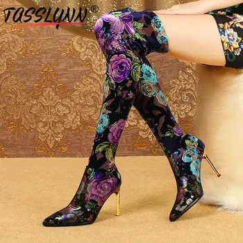 

TASSLYNN 2019 Winter Boots Women Over-the-Knee Basic Pointed Toe Stretch Fabric Thin Heels Faux Suede Slim Boots Size 34-43