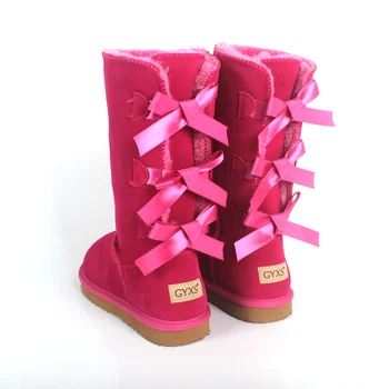 

women snow boots 100% Genuine Leather High tube Three bowknot warm Cowhide female winter cotton shoes woman boots
