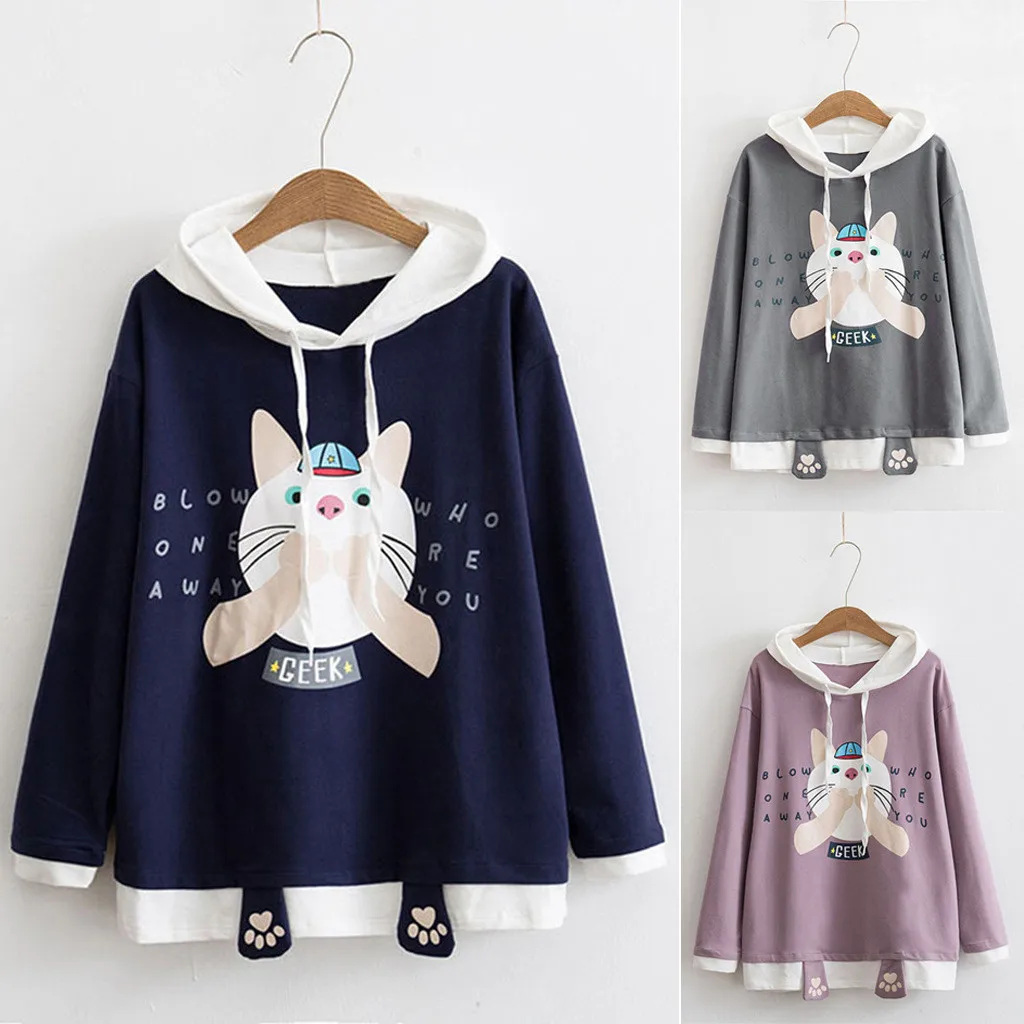 

kawaii Cats Printed Hoody Sweatshirt For Women Plus Size Long Sleeve Long Sleeve Hooded Hoodies Harajuku Drawstring Tops Blouse