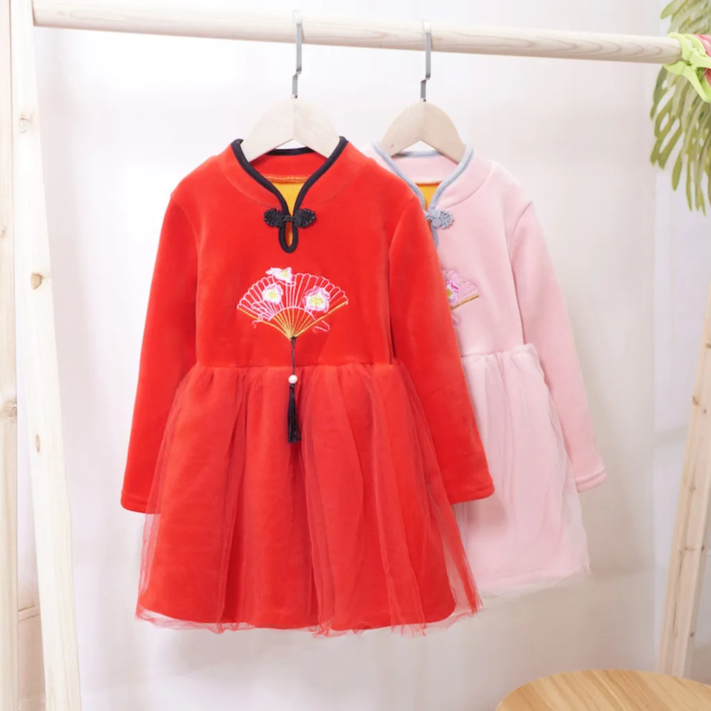 Китайский новогодний костюм для маленьких девочек Теплые платья в китайском стиле модное платье для маленьких девочек весенняя одежда год