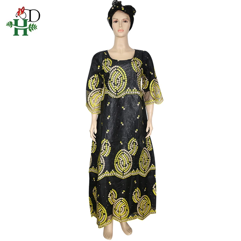 

H&D bazin riche dashiki dresses women african clothes embroidery lace dresses women long dress with head tie evening party dress