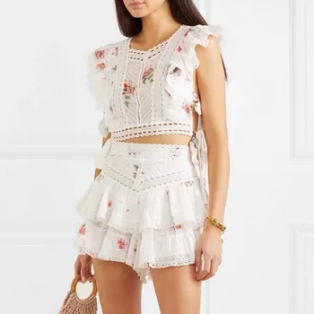 

Runway Designer Floral Printed Two Piece Set Women Sweet White Lace Patchwork Summer Top+ Short Set Hollow Out Outfits Sash A137