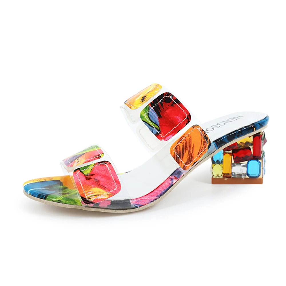 

Chunky Heel Colorful Geo Applique Sandals Women Mixed Color Sandals Transparent Square Heel Sandals Ladies High Heel Sandals D30