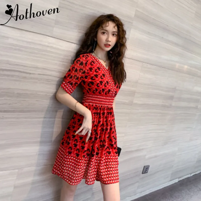

Summer Dress V Neck Short Sleeve Red Print Womens Dresses Office Ladies Bodycon Vintage Sexy Party Mini Aline Dress Vestidos