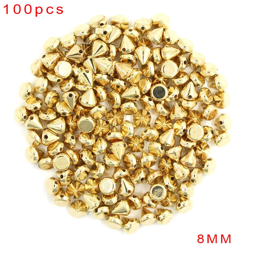 8MM Cone Gold 100PcsPlastic шипы 6/8/10/12 мм браслетов, ожерелий, диаметр-цвет серебристый, золотой с заклепками; Цвет Черный; сезон Конус Пирамида Швейные Шипы аксессуары в стиле панк Костюмы с заклепками - Цвет: 8MM Cone Gold