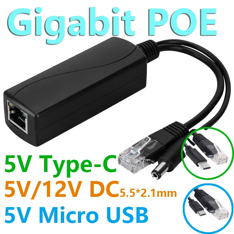 Gigabit PoE Splitter Micro USB/Type-C/DC IEEE 802.3af 100/1000Mbps Power over Ethernet for IP Camera and Raspberry PI