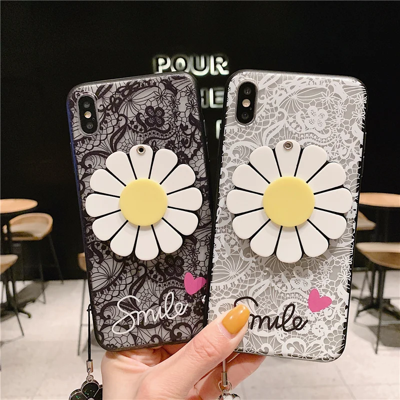 Lace Flower Makeup Mirror Phone Case For Samsung Galaxy S8 S9 S10 Lite S7 S6 Edge Plus C5 C7 C9 Note 8 9 With Lanyard Back Cover