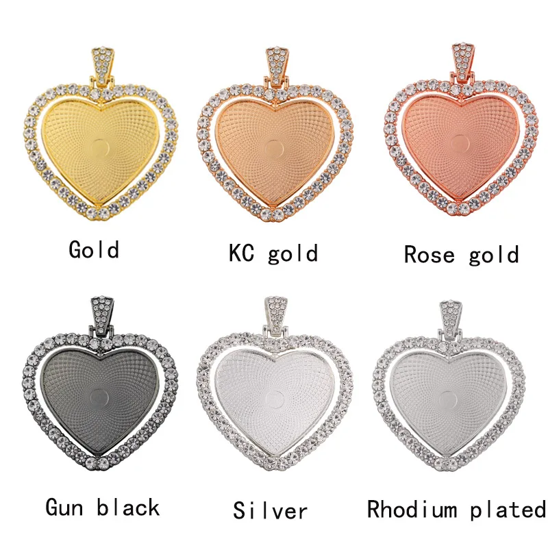 30PCS Clear Rhinestone Bezel Double Sided Rotatable Heart Pendant Base Charms 25/30mm Blank Tray For DIY Jewelry Accessories