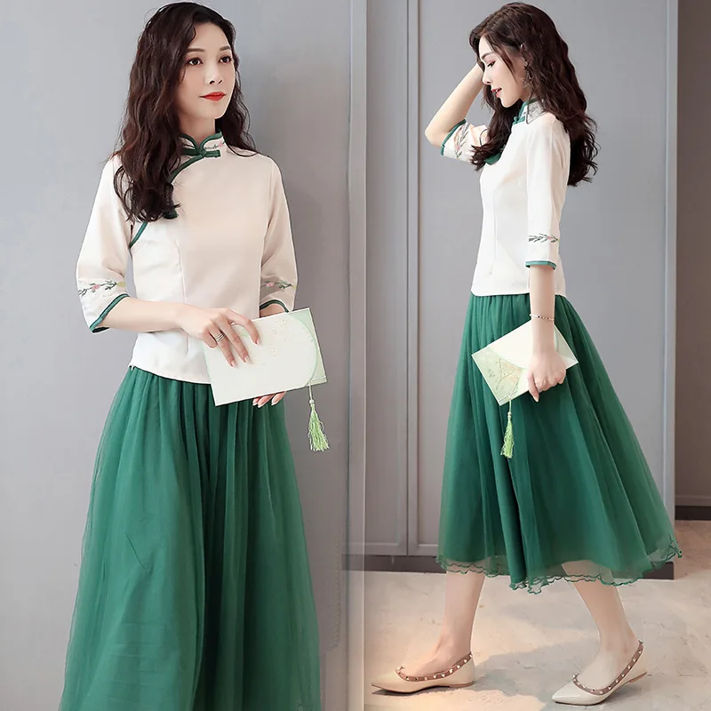

Hipster Embroidery Improved Cheongsam Tops Elastic Waist Gauze Skirt 2019 Summer
