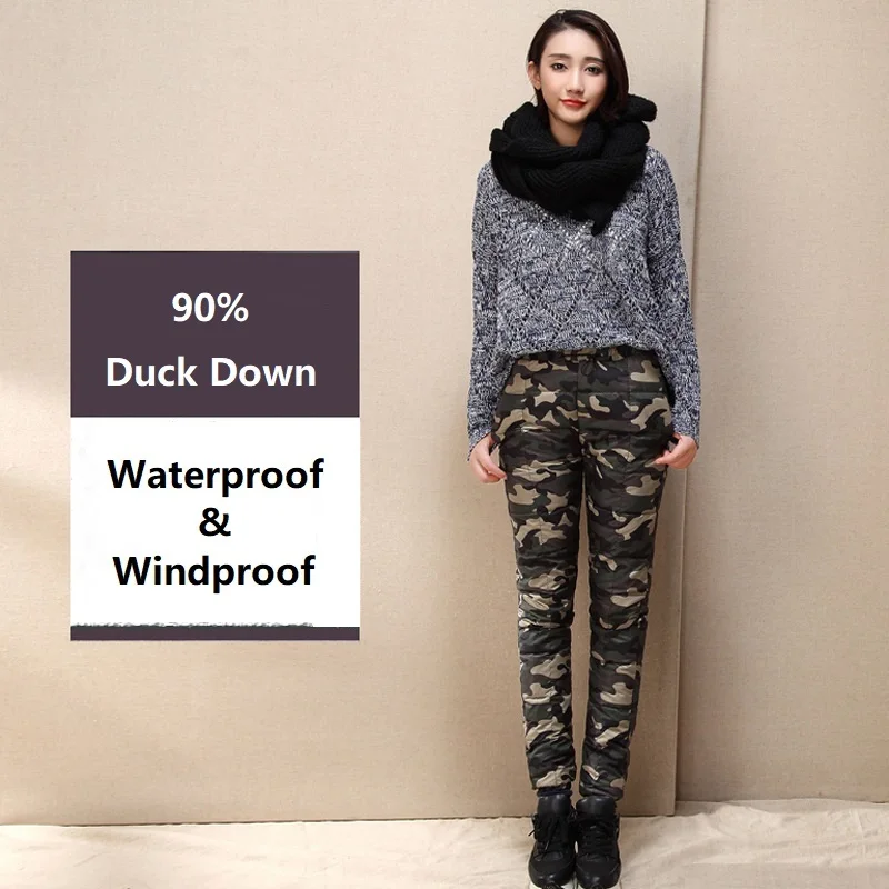 

Women Double Face Padded Camoufalge Pencil Woman SlimThick Winter Pants Lady 90% Duck Down Trousers PT-414