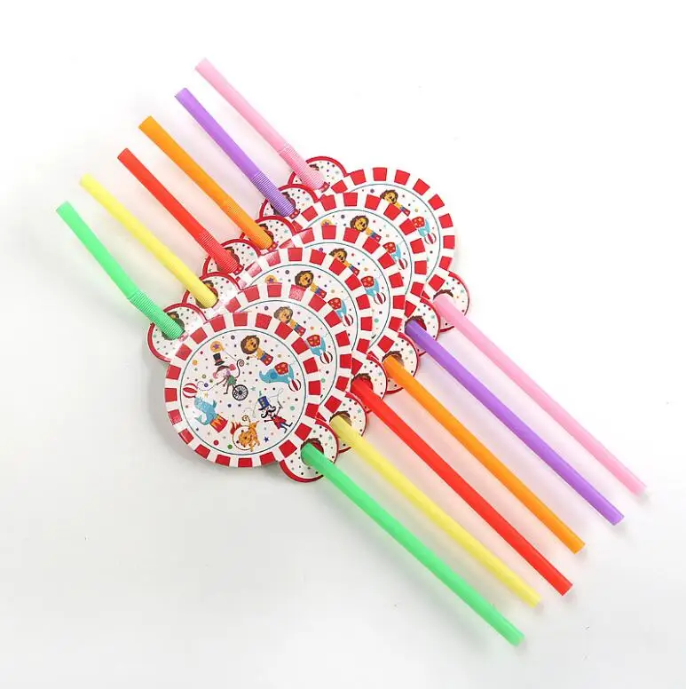 straw x6pcs Цирк украшения для тематических вечеринок Полосатое Животные одноразовая посуда комплект пластины чашки Детская футболка с принтом масок День рождения поставки радостным - Цвет: straw x6pcs