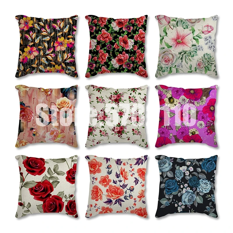 Pillow Covers 45*45 Showy & Colorful Polyester Cushion Cover Roses Flower Pattern Cotton Linen Throw Car Home Decoration | Дом и сад
